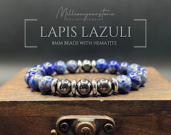 Masculine Lapis Lazuli & Hematite Bracelet | Natural 8mm Stones with Modern Stainless Steel Finish