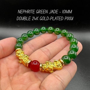 Pixiu Bracelet with Green Jade and Red Gem |10mm Natural Beads | Dual 24k Gold-Plated Charms |Feng Shui bracelet wishing prosperity & wealth