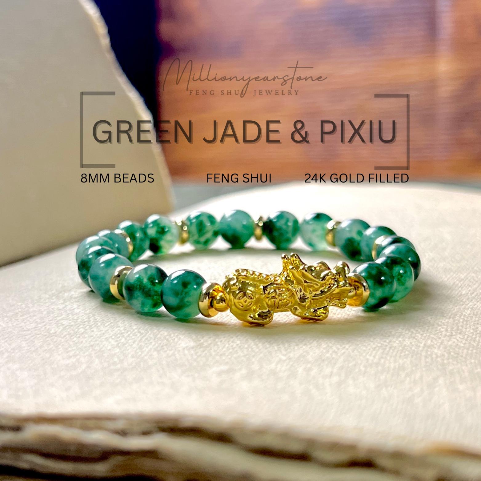 Handcrafted Green Jade Pixiu Bracelet: 8mm Beads, 24k Gold Filled
