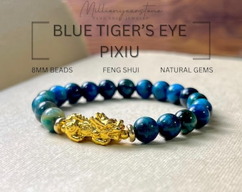Blue Tiger Eye Pixiu Bracelet: 8mm Natural Gemstone, 24k Gold Filled Feng Shui Charm