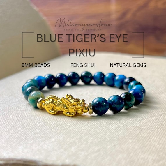 Blue Tiger Eye Pixiu Bracelet: 8mm Natural Gemstone, 24k Gold Filled Feng Shui Charm