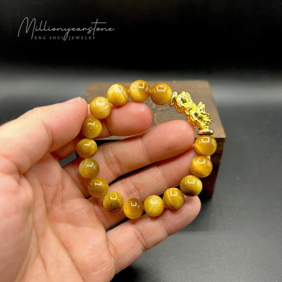 Golden Tiger Eye Pixiu Bracelet: 24k Gold Charm, Feng Shui Jewelry