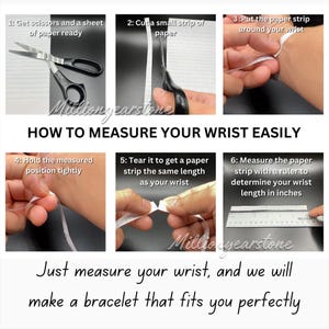 May include: A step-by-step guide on how to measure your wrist for a bracelet. The image shows scissors, paper, and a ruler. Text reads: "How to measure your wrist easily. Just measure your wrist, and we will make a bracelet that fits you perfectly."