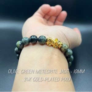 Pixiu Olive Jade Bracelet: 24k Gold Filled Charm, Feng Shui Prosperity, 10mm beaded