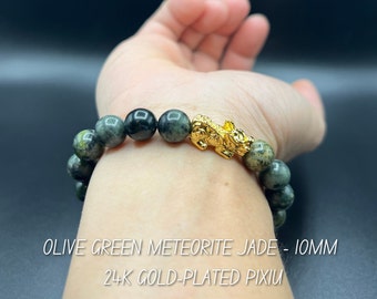 Olive Green Meteorite Jade Pixiu Bracelet: 10mm Natural Gemstone, 24k Gold Filled Charm