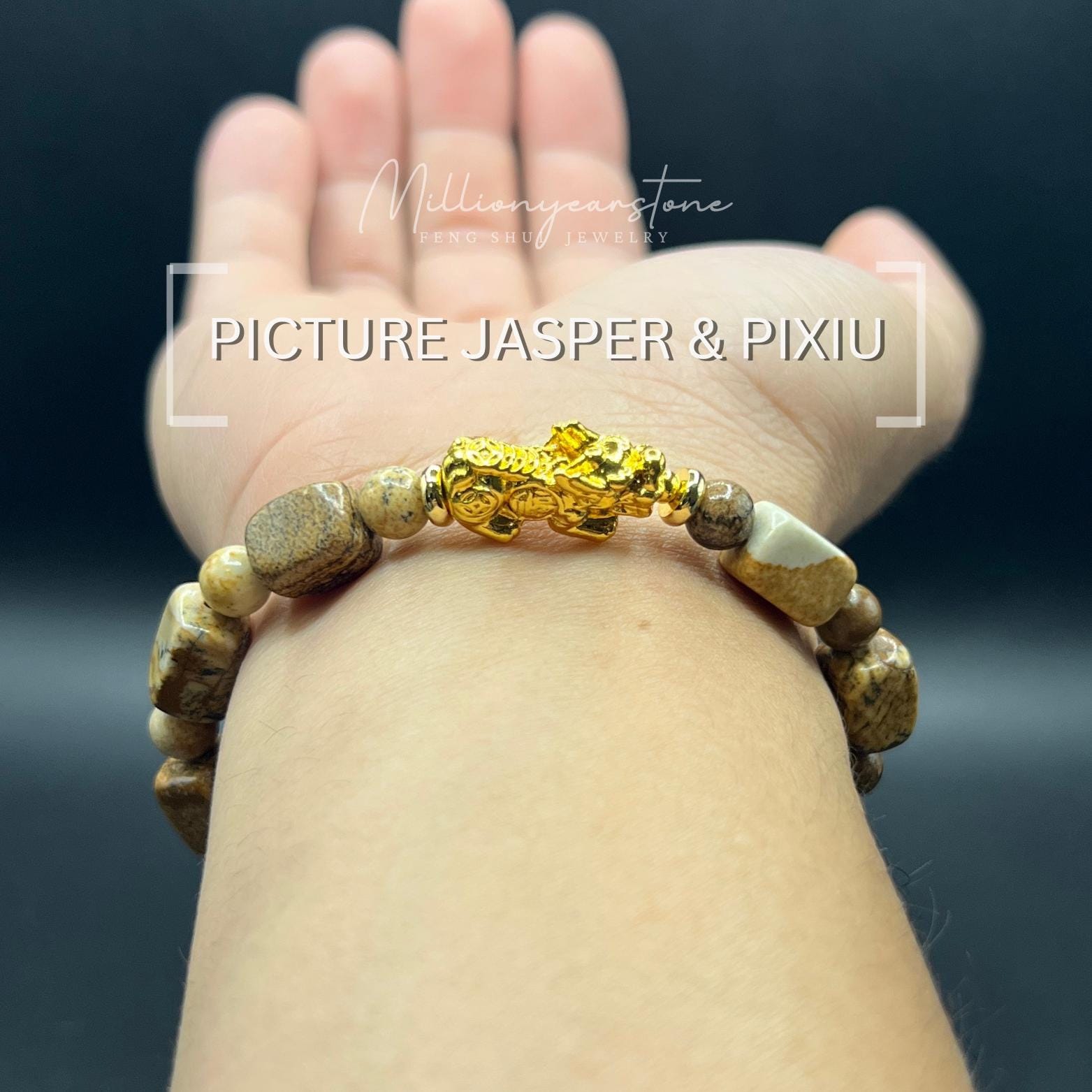 THE YELLOW MONKEY ヒーセプロデュースブレスレット Natural Picture Jasper Beaded Bracelet With 24K Gold Filled Pixiu