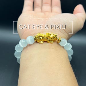Bracelet pixiu oeil de chat : breloque Feng Shui remplie d'or 24 carats, perles de 10 mm