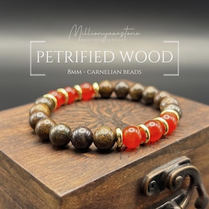 Puede incluir: Una pulsera de cuentas con madera petrificada y cornalina. La pulsera tiene una mezcla de cuentas marrones y rojas, acentuadas con espaciadores dorados. El texto "PETRIFIED WOOD" y "8mm - CARNELIAN BEADS" es visible.