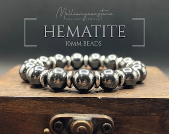 Handmade Hematite Bracelet: Stainless Steel Accents, Men's Grounding Jewelry, 10mm natural gemstone