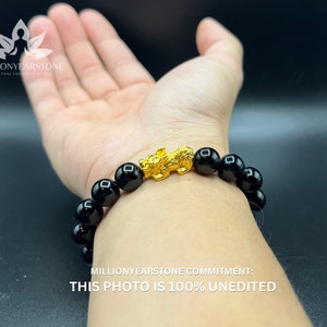 Black Obsidian Pixiu bracelet | 10mm Black Gemstone Beads | 24k Gold-Plated Charm | Protection and Strength Symbol Jewelry | Feng Shui gift