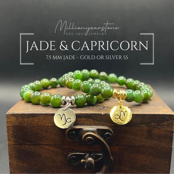 Green Jade Capricorn Bracelet: Handmade Zodiac Charm Jewelry , 8mm