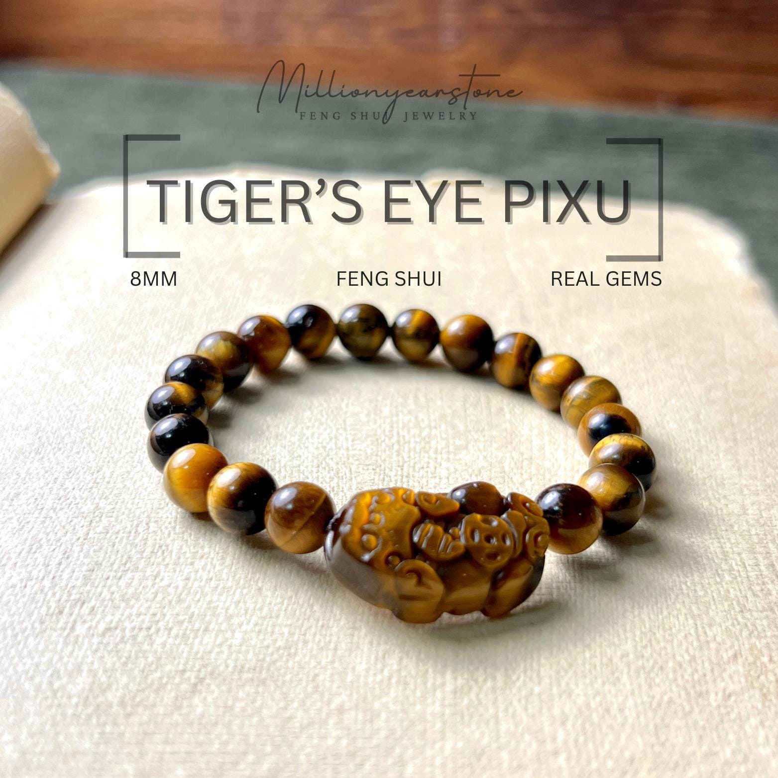 Gold Pixiu Bracelet : 8mm Natural Tiger Eye Beads , Elastic Cord