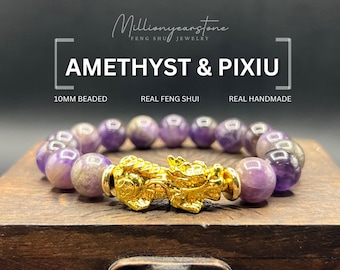 Bracelet Pixiu en améthyste naturelle de 10 mm : breloque en or 24 carats, bonne fortune Feng Shui