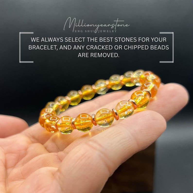 May include: A bracelet featuring golden yellow beads with rose gold detailing. The round, translucent beads are strung together. The image includes text that reads "Millionyearstone" and "WE ALWAYS SELECT THE BEST STONES FOR YOUR BRACELET, AND ANY CRACKED OR CHIPPED BEADS ARE REMOVED."