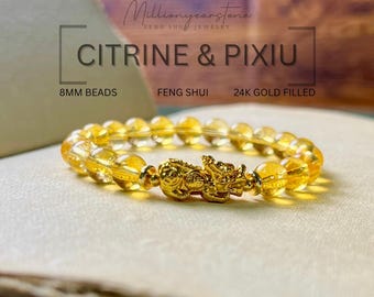 8 mm natuurlijke citrien pixie-armband: 24-karaats gold filled bedel, feng shui geluk