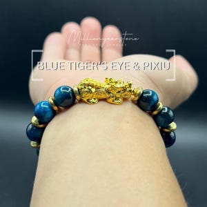 Bracelet bleu pixiu oeil de tigre : breloque en or 24 carats, symbole de richesse Feng Shui, 10 mm