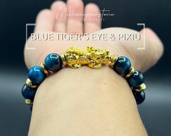 Bracciale Pixiu con occhio di tigre blu: pietra preziosa naturale da 10 mm, ciondolo placcato oro 24 carati