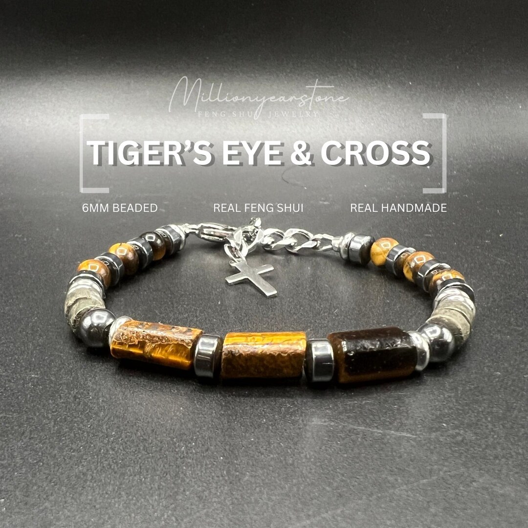 Tiger Eye Cross Bracelet: Hematite, Pyrite & Stainless Steel - Unisex