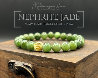 Nephrite Jade Bracelet: 14k Gold Filled Charm, Harmony & Prosperity, 7.5mm beaded