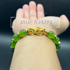 Bracelet Pixiu en jade vert : breloque Feng Shui remplie d'or 24 carats, perles de 10 mm