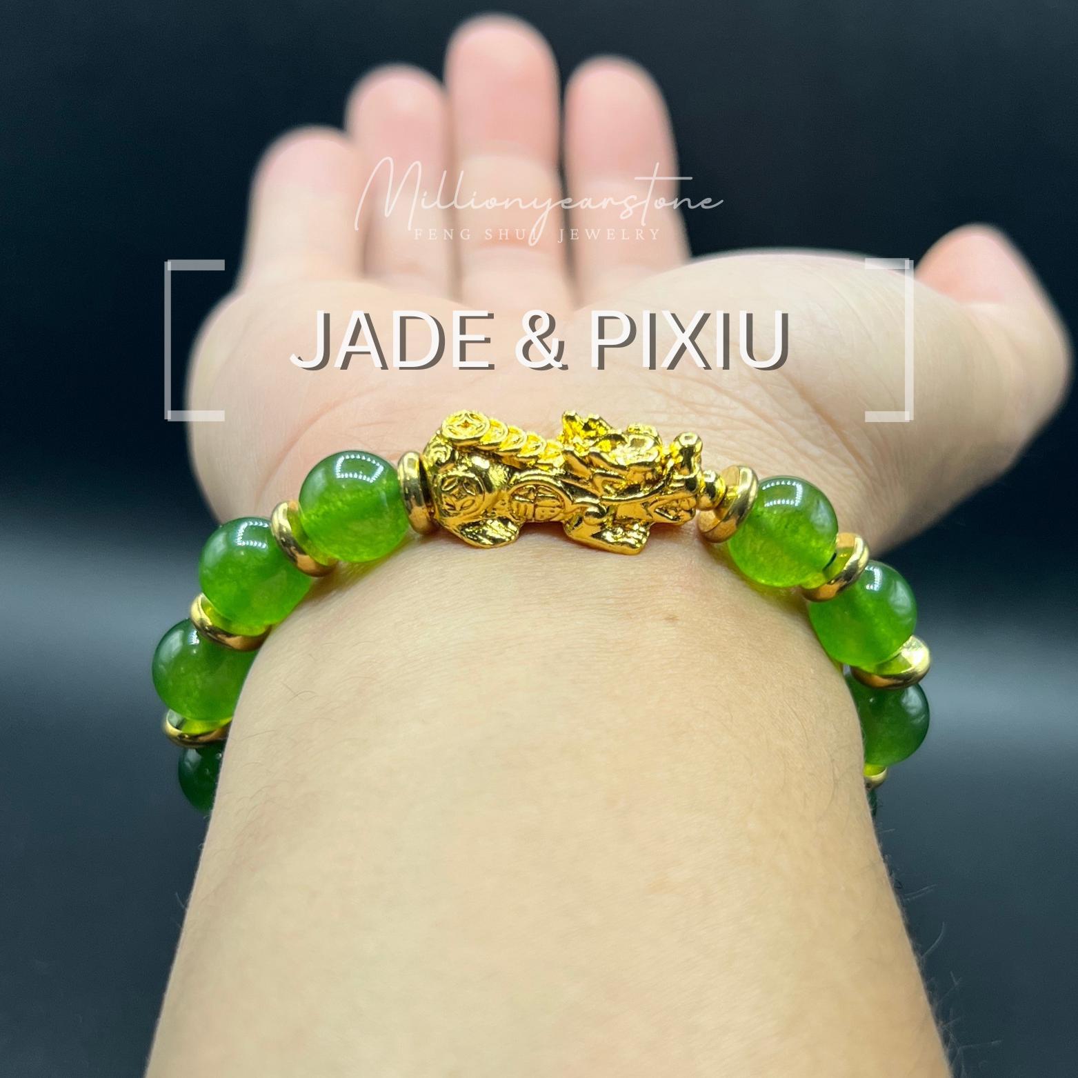Clear Green Jade Pixiu Bracelet: 24k Gold Filled Charm, Feng Shui
