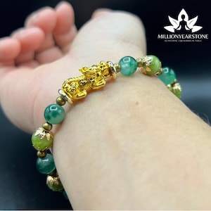 Pixiu Jade Bracelet: 24K Gold-Filled Charm, Feng Shui Wealth Symbol, 8mm beaded