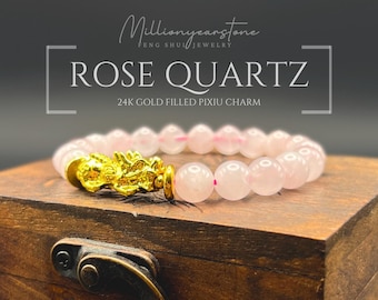 Natural Rose Quartz Bracelet: 24k Gold Filled Pixiu Charm, Feng Shui Prosperity Wish