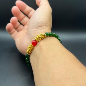 Pixiu Bracelet with Green Jade and Red Gem | 6mm Natural Beads | Duo 24k Gold-Plated Charm | Feng Shui bracelet wishing prosperity & wealth