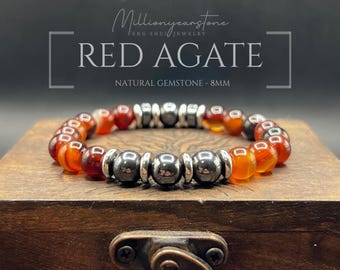 Natural Red Agate Hematite Beaded Bracelet 8mm, Minimalist Gemstone Bracelet, Unisex Jewelry, Bold Earth Tone Style
