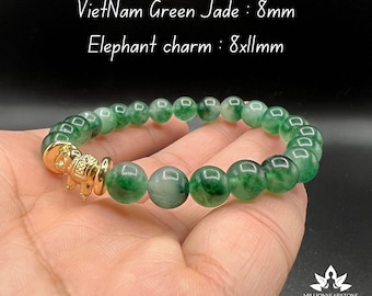 Natural Green Jade (8mm) Elephant charm, Health Prayer bracelet gift- green jade bracelet gift, handmade gift, energy bracelet, gift for her