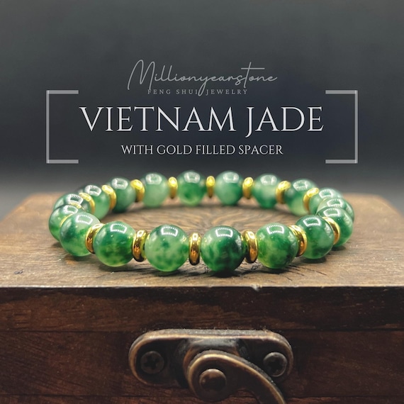 Natural Vietnam Green Jade Beaded Bracelet 8mm, Gold Plated