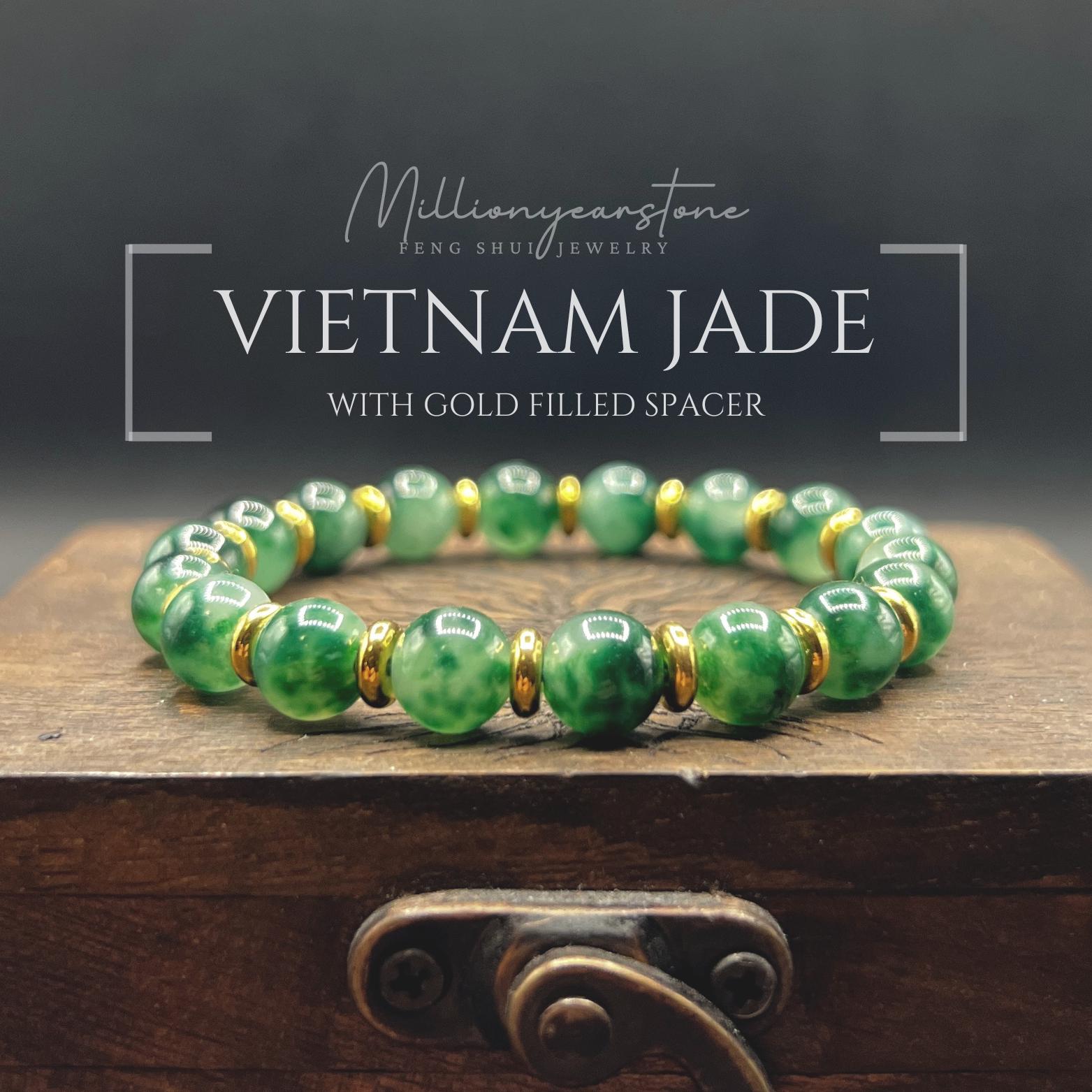Natural Vietnam Green Jade Beaded Bracelet 8mm, Gold Plated