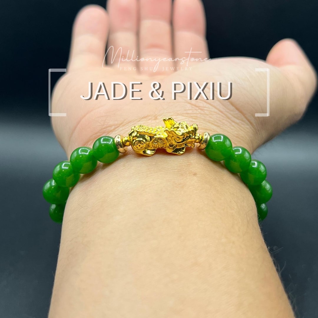 Handmade Green Jade Pixiu Bracelet: 24k Gold Filled Charm