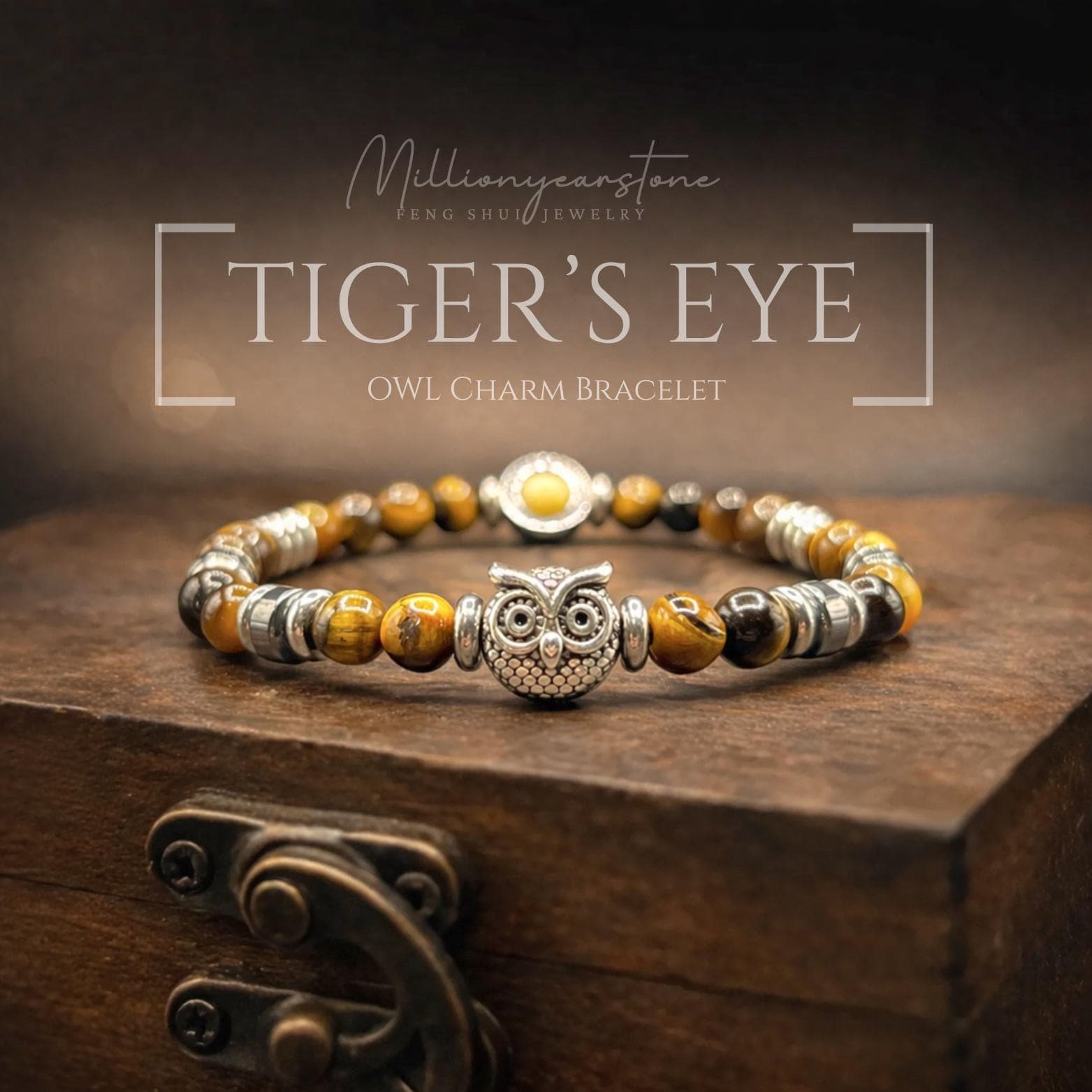 Tiger Eye & Hematite Owl Charm Bracelet: Handmade Unisex Jewelry, 6mm beaded