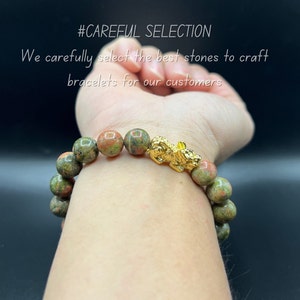 Bracelet Pixiu Unakite rempli d'or 24 carats : symbole de richesse Feng Shui, perles de 10 mm