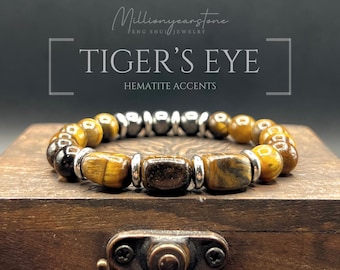 Tiger Eye & Hematite Bracelet: Men's Gemstone Jewelry, Stainless Steel Accents, 8mm beaded