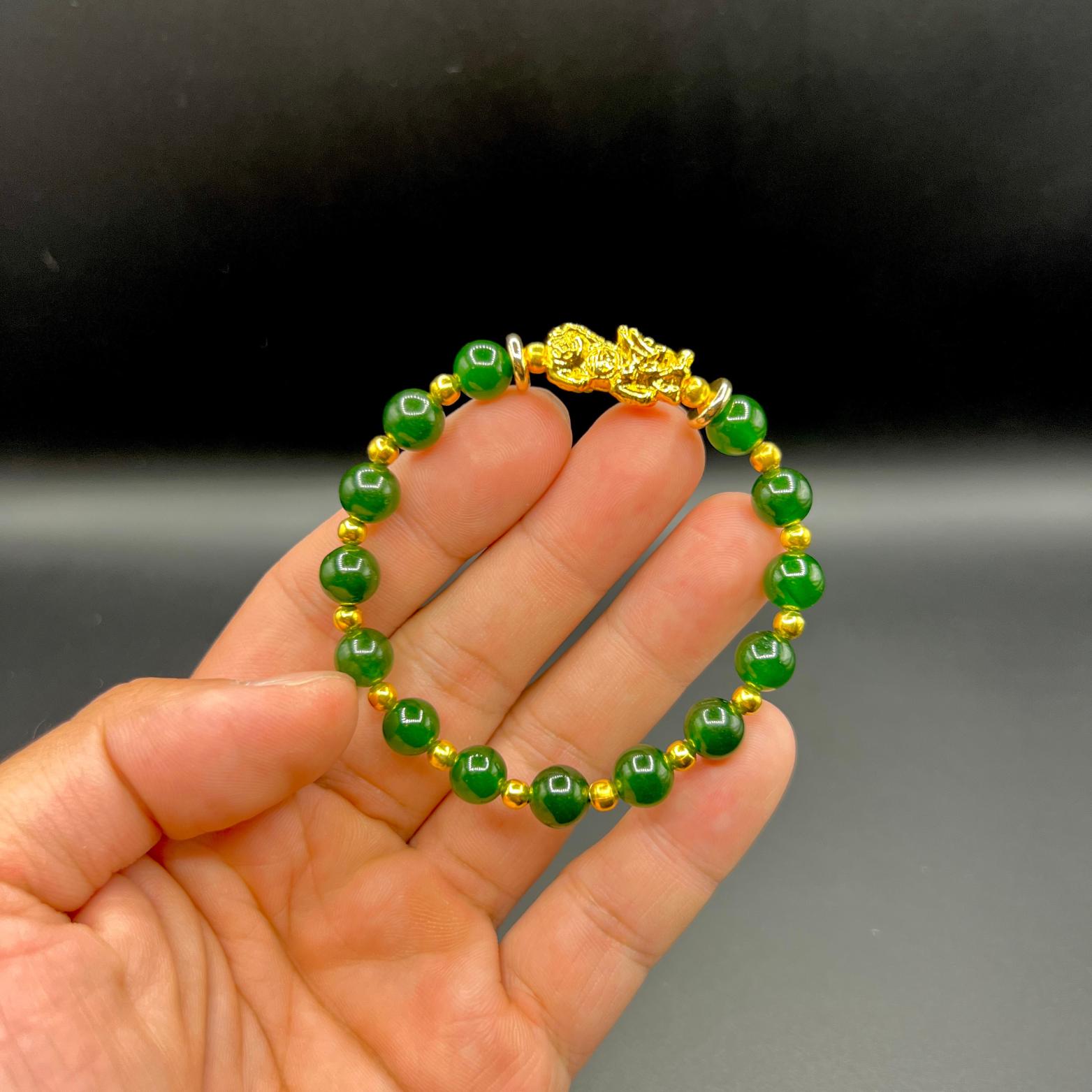 Bracciale Fengshui In Vera Giada Verde Pixiu Per Donna, Portafortuna E Ricchezza, Perline Da 6 Mm, Corda Elastica, Con Confezione Regalo - 2