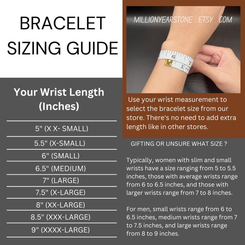Op de afbeelding: Een tabel met een armbandmaattabel in inches. De tabel geeft polsmaten van 5 tot 9 inch en de bijbehorende armbandmaten weer. De tabel bevat ook een foto van een persoon die zijn pols meet met een meetlint.
