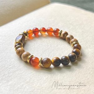 Tiger Eye, Agate Jasper Bracelet | 8mm Natural Gemstone Beads | Earth Energy Bracelet