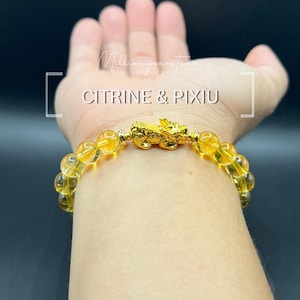 Bracelet citrine Pixiu rempli d'or 24 carats : symbole de richesse Feng Shui, fait main, perles de 8 mm