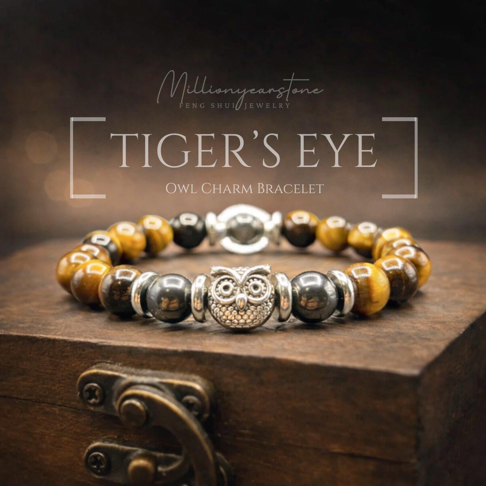 Tiger Eye & Hematite Beaded Bracelet: Silver Owl Charm, Feng Shui Jewelry, 8mm natural gemstone