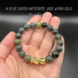Pixiu Bracelet with Olive Jade | 10mm Natural Beads | 24k Gold-Plated Charm | Feng Shui bracelet wishing prosperity & wealth