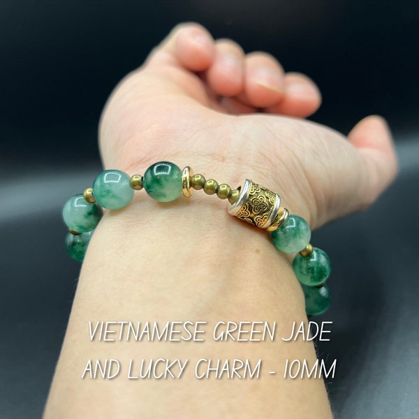 Natural Vietnamese jade (10mm) with Lucky Charm, Good Luck Stone Bracelet- lucky energy bracelet,Feng Shui bracelet, handmade,gift for women