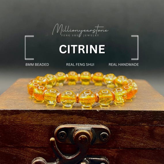 Citrine Bracelet: 8mm Natural Gemstone Beads, Brass Accents, Handmade