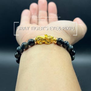 Bracelet pixiu oeil de tigre : breloque Feng Shui plaqué or 24 carats, perles de 8 mm