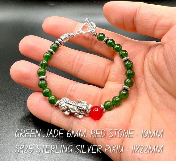 Green Jade Pixiu Bracelet: Sterling Silver Charm, Feng Shui