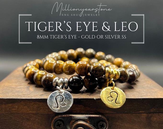 Tiger Eye Leo Zodiac Bracelet: Silver or Gold Charm, Handmade, 8mm