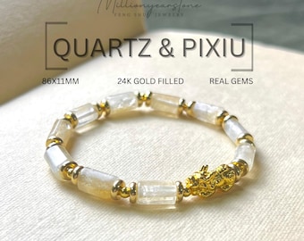 Natural Quartz Pixiu Bracelet: 24k Gold Filled Charm, Prosperity Feng Shui Jewelry