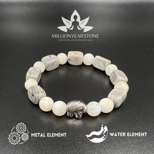 Elegantes Naturstein Armband mit Map Jaspis, Weißer Jade & Silber Elefant Anhänger - Handgemachtes Damen Geschenk