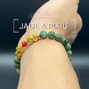 ネフライト翡翠貔貅ブレスレット：24金張り風水チャーム、7.5mmビーズ